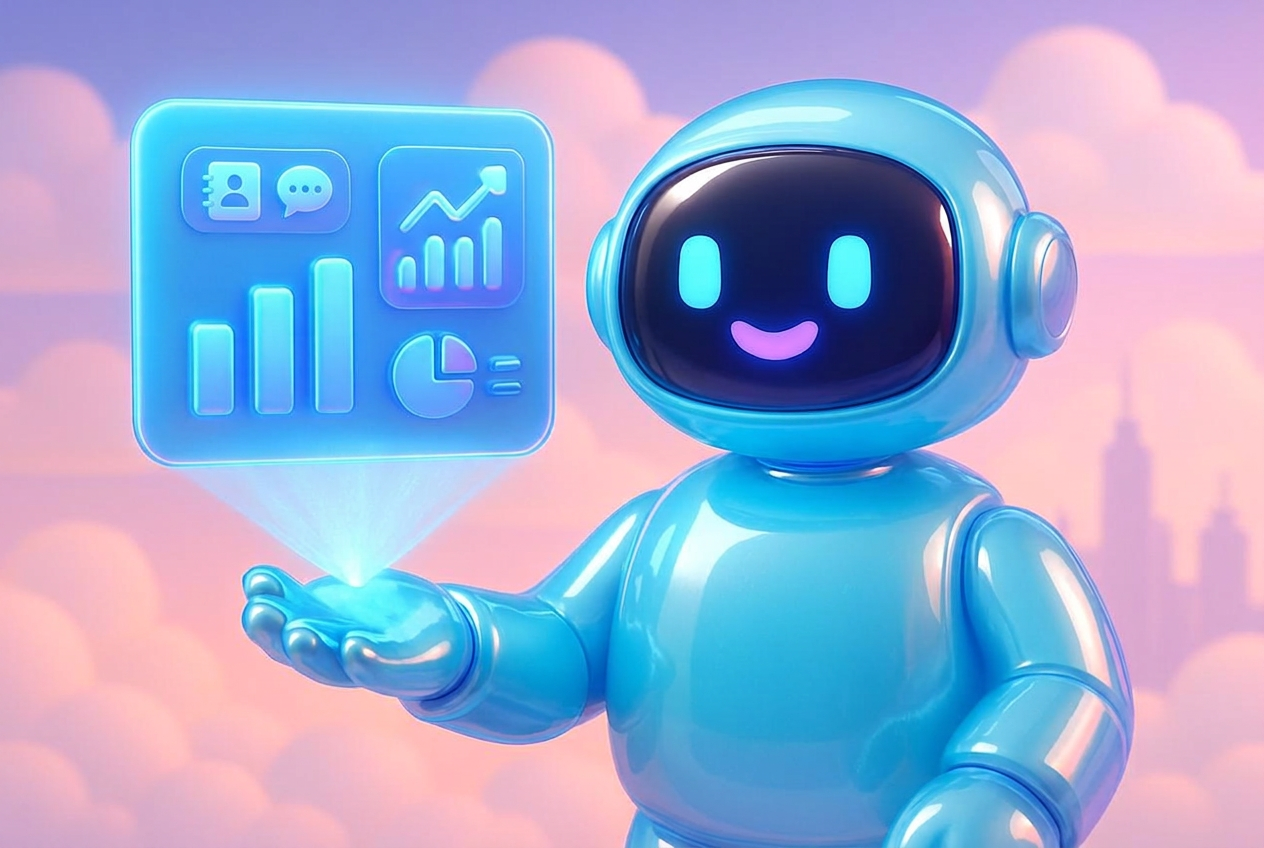 AI employee presenting a business analytics illustration