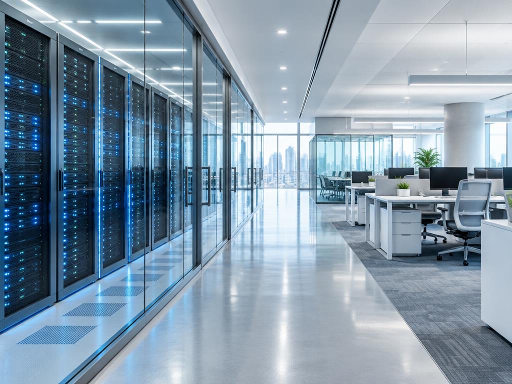 Enterprise server infrastructure beside a modern corporate workspace