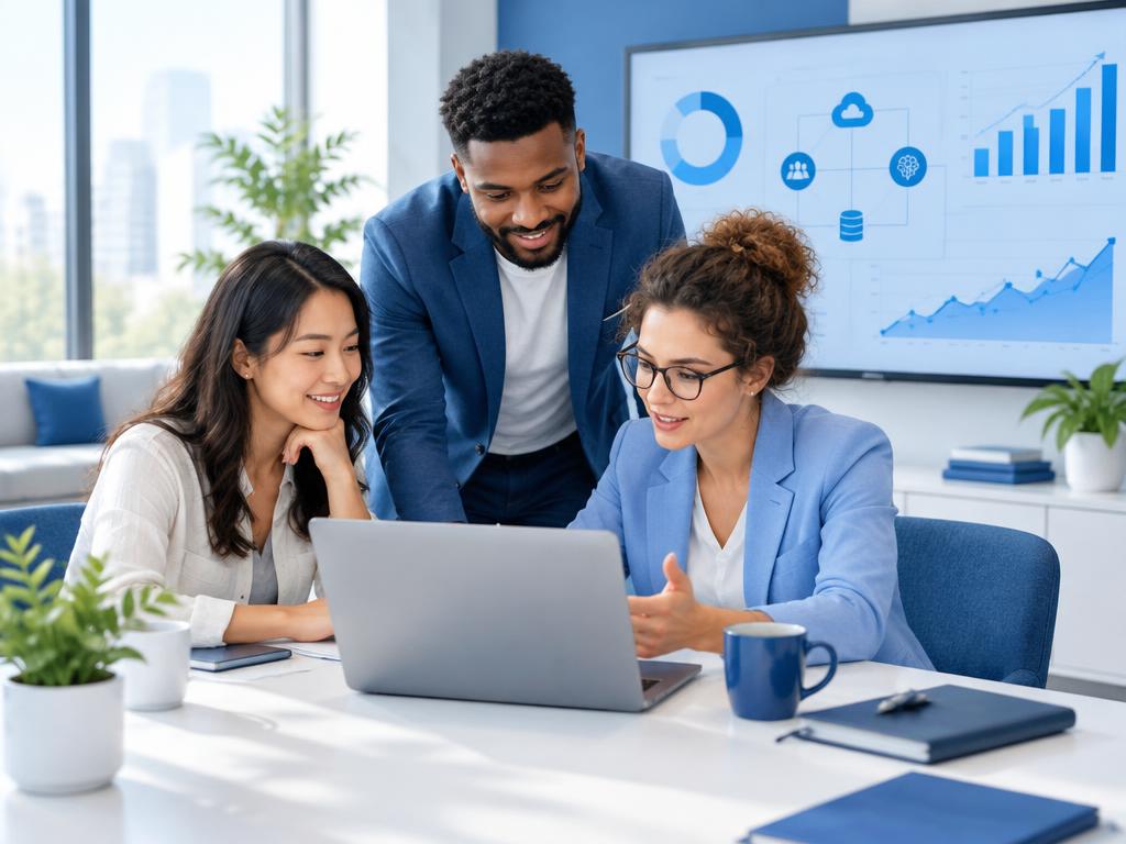 Business team collaborating on workflows and growth analytics