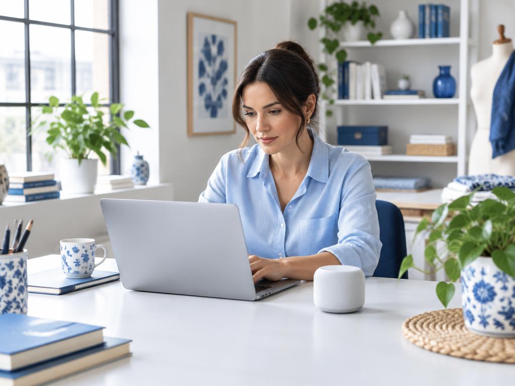 Entrepreneur working with a laptop and smart assistant